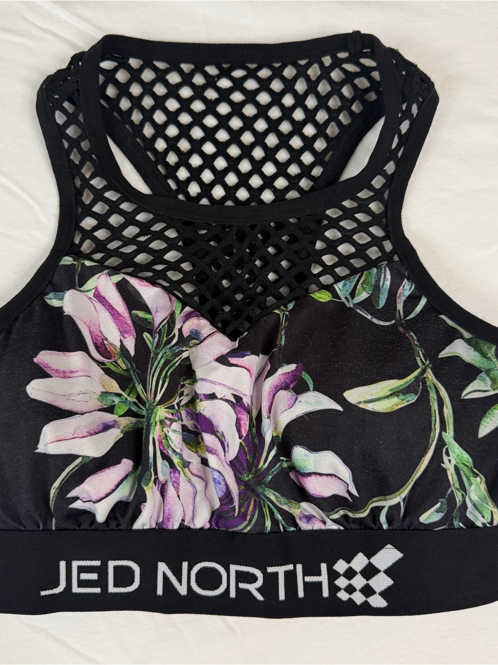 Jed North Black Floral Mesh-Back Sports Bra with Pink & Green Print